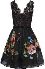 Marchesa Notte Black Lace & Floral Embroidered Tulle Cocktail Dress – UK 10