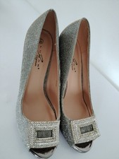 Lunar Elegance Gold Sparkle Glitter Peep Toe Rhinestone Stiletto Heels Size 7