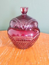 Vintage Ruby Red Bohemian Cut Glass Crystal Lidded Jar Bowl 17 X 13 cm VGC