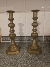 Antique Pair Georgian Victorian Large Brass Candle Stick Holders Beehive Vtg