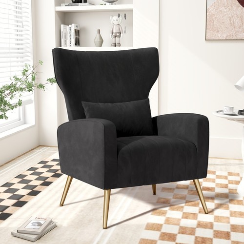 Black velvet wingback armchair - black,