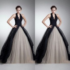 Gothic Wedding Dresses Halter Neck Off Shoulder A Line Black Beading Bridal Gown