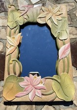 Wooden Framed Mirror Wall Hanging Carved Tropical Flowers Pastels