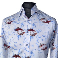 CLAUDIO LUGLI Shirt Mens LARGE (41-42") Long Sleeve White Fish Print