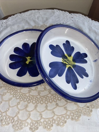Blue spongeware pottery - pottery, 6"