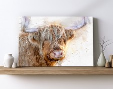 Highland Cow Canvas Wall Art Print Framed Wildlife Watercolour Style Picture 2