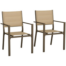 Outsunny 2 PCs Dining Chairs, Stackable Design Aluminium Outdoor Armchairs Khaki