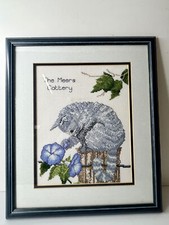 "The Meers Cattery" Grey Kitten and Blue Flowers Framed and Mounted Cross Stitch