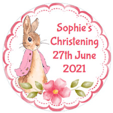 48 Personalised Christening Baptism Stickers FLOPSY BUNNY  40mm Labels