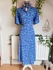Norman Linton of London Belted Shirtwaist Dress – UK 16 – Blue Geometric Print