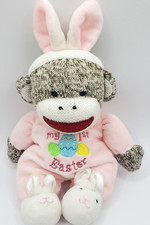 Baby Starters MY FIRST EASTER  Pink Plush Sock Monkey Bunny Rattle Lovey Toy 10"