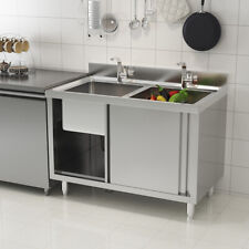 Stainless Steel Kitchen Sink Catering Work Table Storage Cabinet w/ Sliding Door