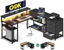 ODK Corner Desk with Drawers, L Shaped Gaming Desk with LED Lights & Power Outl