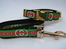 Dog Collar and Lead. 15" - 22 " neck size.  FREE FABRIC DESIGN Gold Metal Buckle