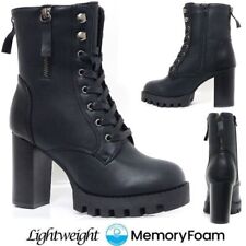 LADIES HIGH HEEL ARMY ANKLE ZIP CHUNKY SOLE PUNK RETRO MILITARY COMBAT BOOTS