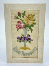 WW1 Embroidered “Kind Thoughts” Flower Bouquet Silk Postcard