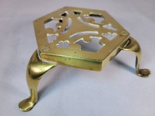 Brass Trivet Vintage Fireside Teapot Iron Stand 3 Footed & Pierced Hexigon Rare 