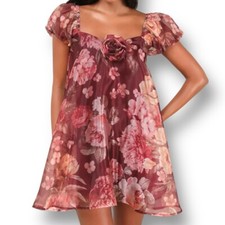 Lulus Red Floral Organza Mini Dress Puff Sleeve Rosette Wedding Guest Holiday S