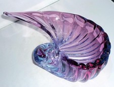 MURANO ALFREDO BARBINI COUNCH SHELL PURPLE BLUE GLASS SCULPTURE BOWL DISH