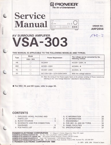 Pioneer vsa 303 service - pioneer,
