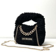 LOVE MOSCHINO Smart Black Faux Fur Crossbody Bag Grab Bag Gold Chain Zip Top