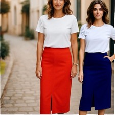 Ladies Midi Skirt Straight Front Slit Stretch Office Navy Blue Red Sizes S & XL