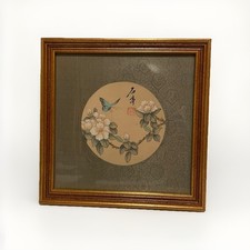 Vintage Asian Painting on Silk Bird and Flowers Oriental Watercolor Wall Art