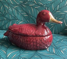 Striking Vintage Rare Michel Caugant Red & Gold Duck Pate Terrine Holder 🦆