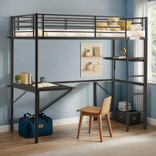 3Ft Twins Bunk Bed Frame Metal Loft Sleeper with Desk Kids Single/LED/Socket UK