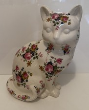 VTG 10 Ironstone Staffordshire Ceramic Large Cat with Roses Figurine Ornament