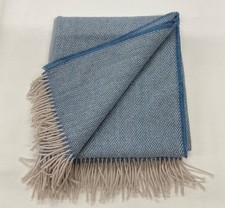 PURE WOOL Fringed Throw/Blanket/UK WOVEN, Mid Blue/Natural Herringbone Free P+P