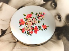 Flowers-Metallic silver-Vintage Stratton Powder Compact-Make Up-Mirror-0p