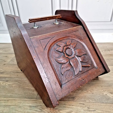 Antique Edwardian Wooden Fireside Coal Scuttle Box - Carved Storage Floral Panel