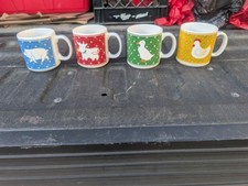 JSNY Calico Country Cottage Coffee Mugs Chicken Duck Cow Pig Farm Animals Set 4