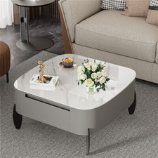 Round Stylish Coffee Table w/Drawers&Sintered Stone Natural Stripe for Multi-use