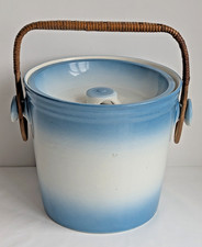 Vintage Cane Handle Ceramic Wash Bucket/Chamber Pot Draining Lid Blue H:23cm 9in