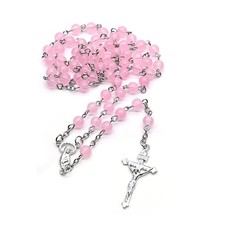 Pink Rosary Beads Religious Holy Communion Cross Mother Mary + Free Gift Bag