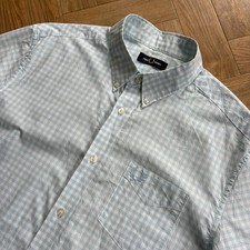 FRED PERRY Short Sleeve Check Shirt White and Ice Blue Mens Size Large L Mod 60s