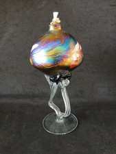 Hand Blown Iridescent Art glass oil lamp With Clear Twisted Double Stem 