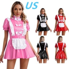 Women's French Maid Cosplay Uniform Wet Look Patent Leather Dress Clubwear