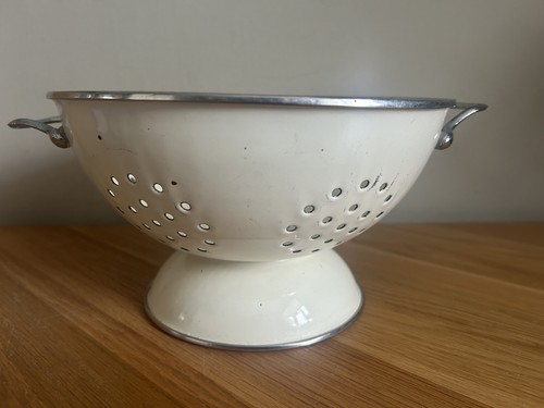 Vintage cream enamel colander - enamel,