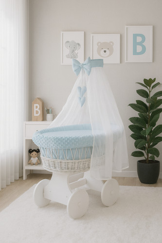 White wicker wheels moses - white,