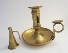 Small Vintage Brass Candle Holder Chamberstick with Candle Snuffer and Push Up
