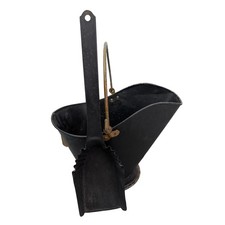 Vintage Fireplace Coal Bucket Scuttle w/ Shovel Black Metal Brass Accents 21"