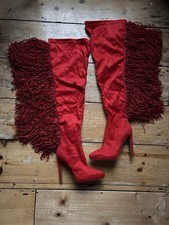 NEW Jeffrey Campbell Sampson red suede thigh high fringe boots