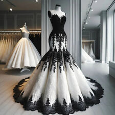 Black White Gothic Wedding Dresses Sheath Applique Mermaid Bridal Gowns