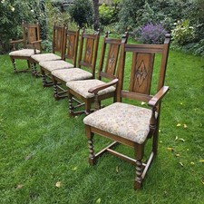 Set Of 6 Antique Upholsteted Oak Dining Chairs.  Old Charm.  Wood Bros.