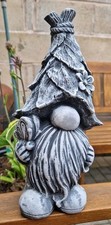 Tall Gonk Concrete Garden Ornament Floral Flower Holding Gnome 11" X 5" Grey Art