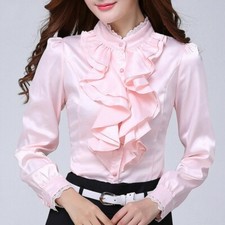 Women Satin Blouse Faux Silk Lace Shirt Ruffle Frill Lolita Office Top Retro