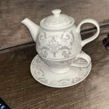Laura Ashley Josette White Grey Damask Tea For One Teapot Cup Saucer Bone China